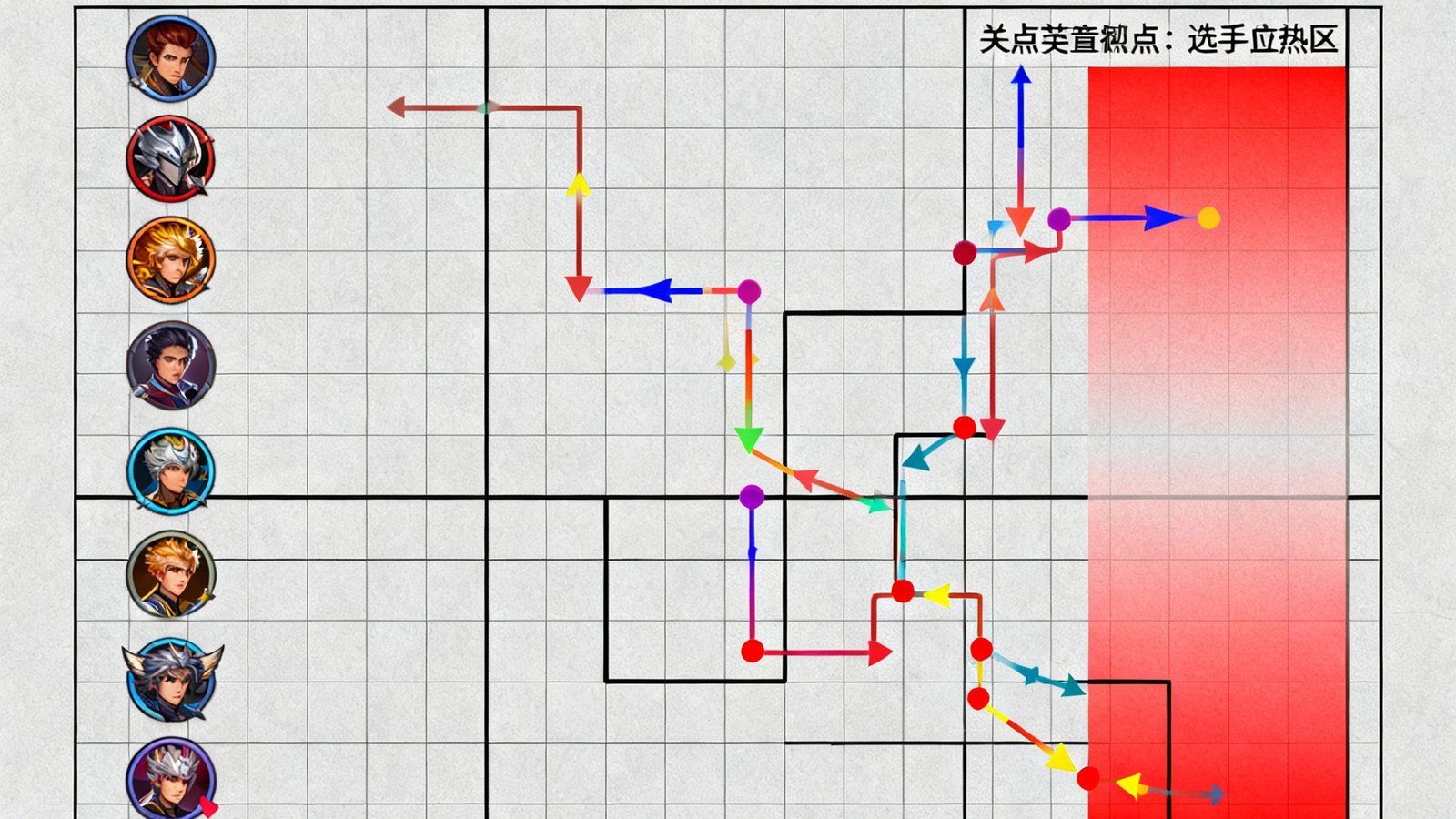 一张战术复盘报告的内页截图，左侧为BP阶段英雄阵容图，右侧标注了关键时间节点的团战路径和选手位置热区，页面采用网格化排版。